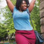 Blue shirt + Burgundy skirt