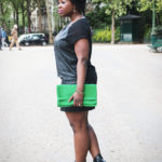 All black ootd + Black Leather Platform Boots + Green handbag