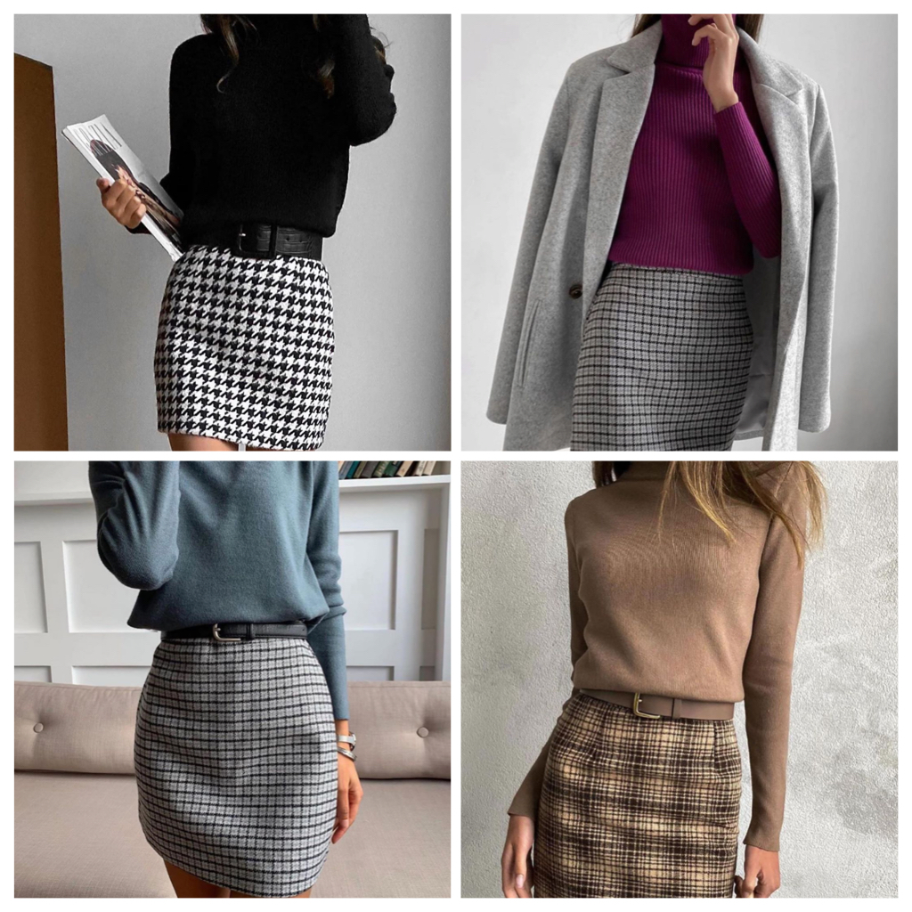 Tendance automnale: mini-jupe imprimée  + col roulé